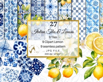 Blue and white Italian Watercolor Tile and Lemons Digital Scrapbook Paper and Clip Art, Mediterranean Ceramic Tiles, Seamless Paper PNG&JPG