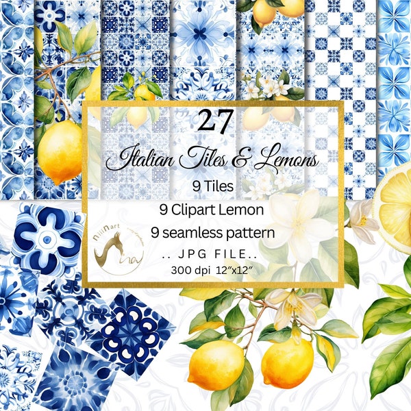 Blue and white Italian Watercolor Tile and Lemons Digital Scrapbook Paper and Clip Art, Mediterranean Ceramic Tiles, Seamless Paper PNG&JPG