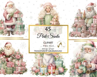 Pink Santa Clipart Bundle, Vintage Christmas PNG (Digital Download)