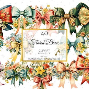 May include: A collection of 40 floral bows in various colors, including red, pink, green, and yellow. Each bow is adorned with floral arrangements and ribbons. The image includes text that reads "40 Floral Bows" and "Clipart . . PNG file . . 300 dpi Transparent Background."