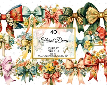 Floral Bow Clipart, Vintage Style, 40 PNG Graphics (Digital Download)