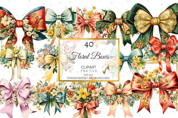 Floral Bow Clipart, Vintage Style, 40 PNG Graphics (Digital Download)