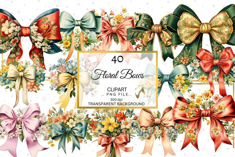 May include: A collection of 40 floral bows in various colors, including red, pink, green, and yellow. Each bow is adorned with floral arrangements and ribbons. The image includes text that reads "40 Floral Bows" and "Clipart . . PNG file . . 300 dpi Transparent Background."