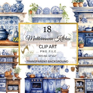 Aquarell mediterrane Küche Clipart, Landhaus Küche Clipart, blaue Küche Töpfe ClipArt, Holz Werkzeuge, Kochen, Backen, Szene Schöpfer