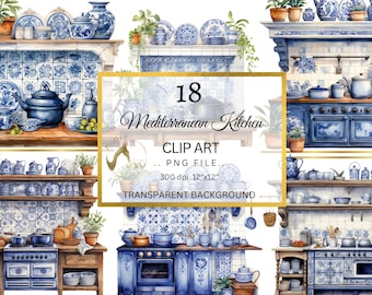 Watercolor Mediterranean kitchen clipart, Country kitchen clipart, Blue Kitchen pots clip art, wood tools, cooking, baking, scene creator