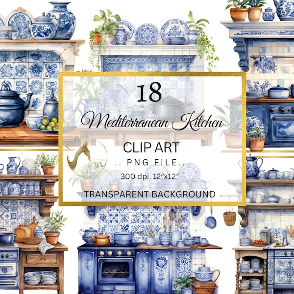 Watercolor Mediterranean kitchen clipart, Country kitchen clipart, Blue Kitchen pots clip art, wood tools, cooking, baking, scene creator