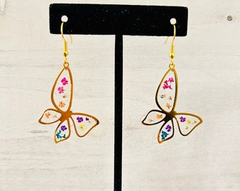 Butterfly Earrings with Real, dried and pressed flowers in resin