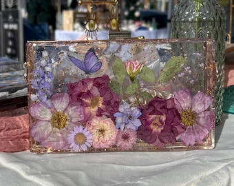Resin clutch purse with real dried flowers— ready to ship!