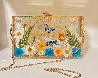 Custom resin clutch purse with real dried flowers