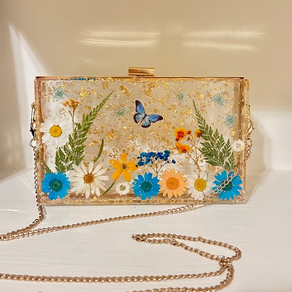 Custom resin clutch purse with real dried flowers