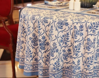 Nappe ronde florale bleue Printofab, couverture de table ronde imprimée en bloc indien, nappe circulaire, impression de bloc à la main, nappe ronde en lin