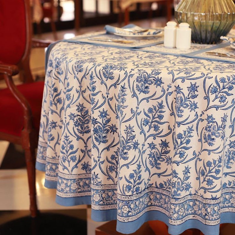 Printofab Blue Floral Round Tablecloth, Indian Block Print Round Table ...
