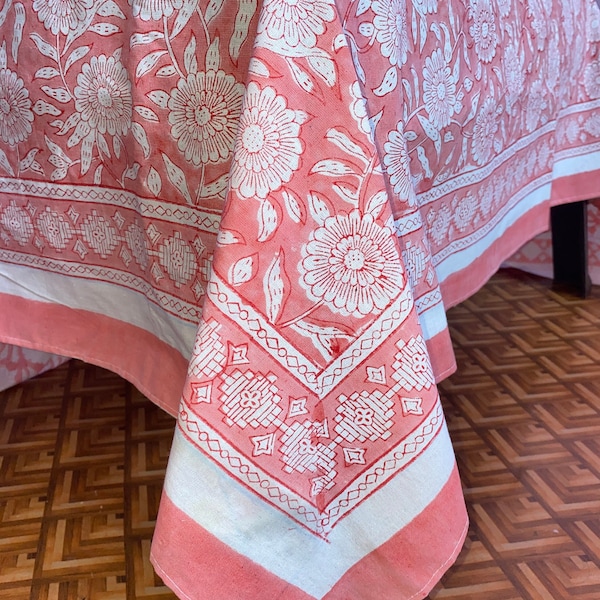 Printofab Salmon pink Hand Block Printed Cotton Tablecloth Dining Table Cover Farmhouse Party Housewarming,Linen Tablecloth, Rectangle Table