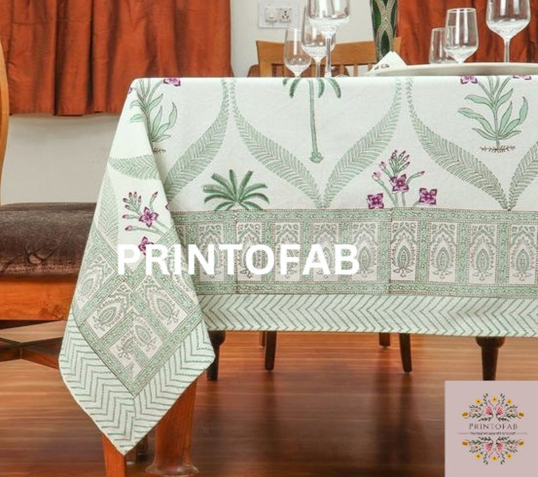Printofab Green Floral Block Printed Tablecloth, Table Cover, Table ...