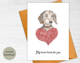 Printable hand drawn anniversary card, valentine card, dog anniversary card, romance card, 5x7 Card, instant download.