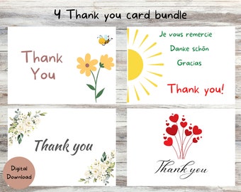 Bundle of 4 thank you cards, printable note card, 5x7 Card, instant download.