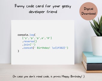 Carte d'anniversaire à code drôle imprimable pour votre ami développeur geek. Téléchargement instantané.