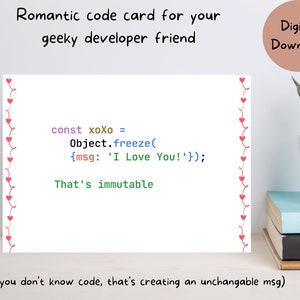 Tarjeta de amor de programador imprimible, tarjeta de San Valentín para ingeniero de software, tarjeta de aniversario de romance Geeky, Amor en código, descarga instantánea