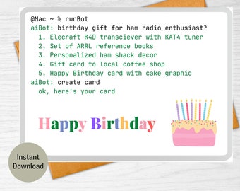 Printable funny birthday card for a ham friend, Snarky aibot card, Funny ham radio birthday, downloadable 5x7 card, Digital PDF JPG card