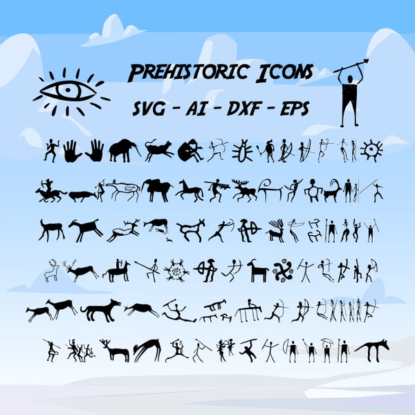 Prehistoric Illustration Bundle, Prehistoric Animals pack, Ancient Human Drawings, Primordial Cave Paint, Stone Age SVG, Eps, AI, Dxf