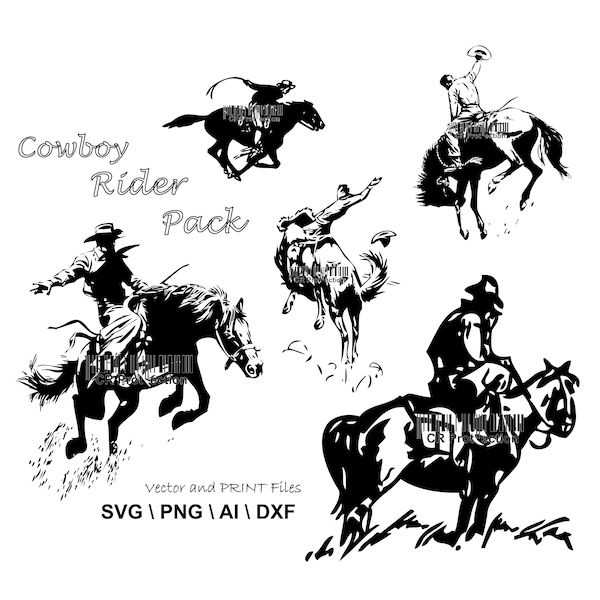 Cowboy Horse Riding Bundle Rodeo Cowboy Racing Horse Western Illustration svg png ai dxf CNC Laser Cut, Engraving Printing Files