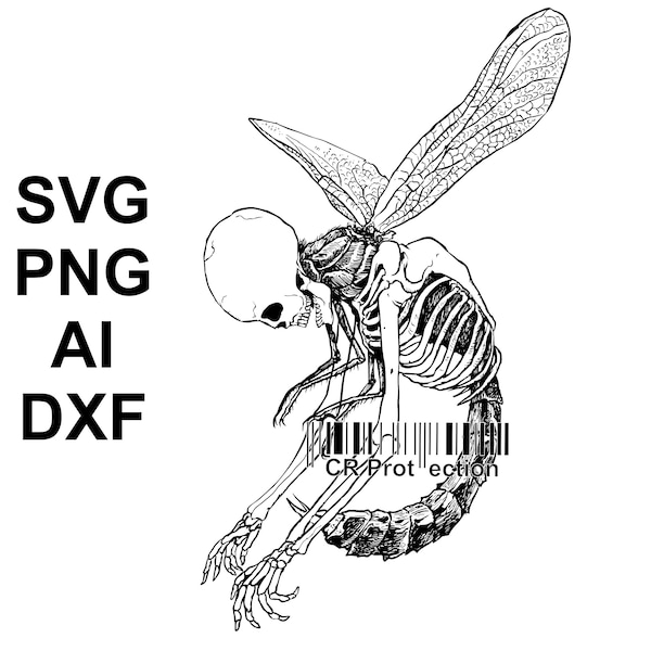 Dragonfly in Human Skeleton Armor, Spooky Skeleton Bug, Insect Tattoo Svg, Png, Ai, Dxf, Cricut, CNC Laser Cut, Sticker and Printing Files