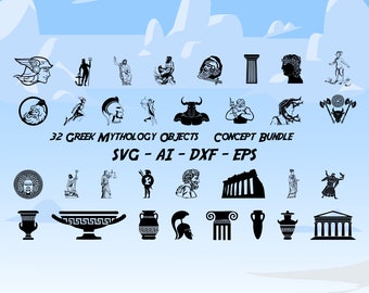 Greek Mythology Bundle, 32 Objects From Ancient Greece, Mythological Figures of Olympos, SVG, Eps, AI, Dxf, CNC Laser Cut, Printing Files