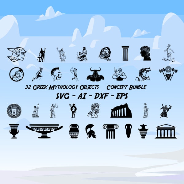 Greek Mythology Bundle, 32 Objects From Ancient Greece, Mythological Figures of Olympos, SVG, Eps, AI, Dxf, CNC Laser Cut, Printing Files