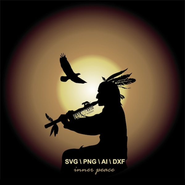 Native Indian Vector Flute Playing on Sunset Background Old American Tribe svg png ai dxf CNC Laser Cut, Engraving Printing Files