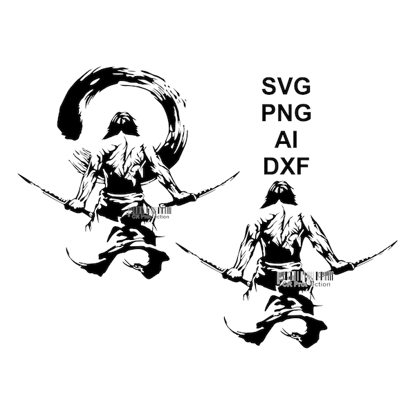 Samurai Clipart, Muscle Samurai With Double Katana T Shirt Printable Svg, Png, Ai, Dxf, Cricut, CNC Laser Cut, Sticker, Vinyl Decal