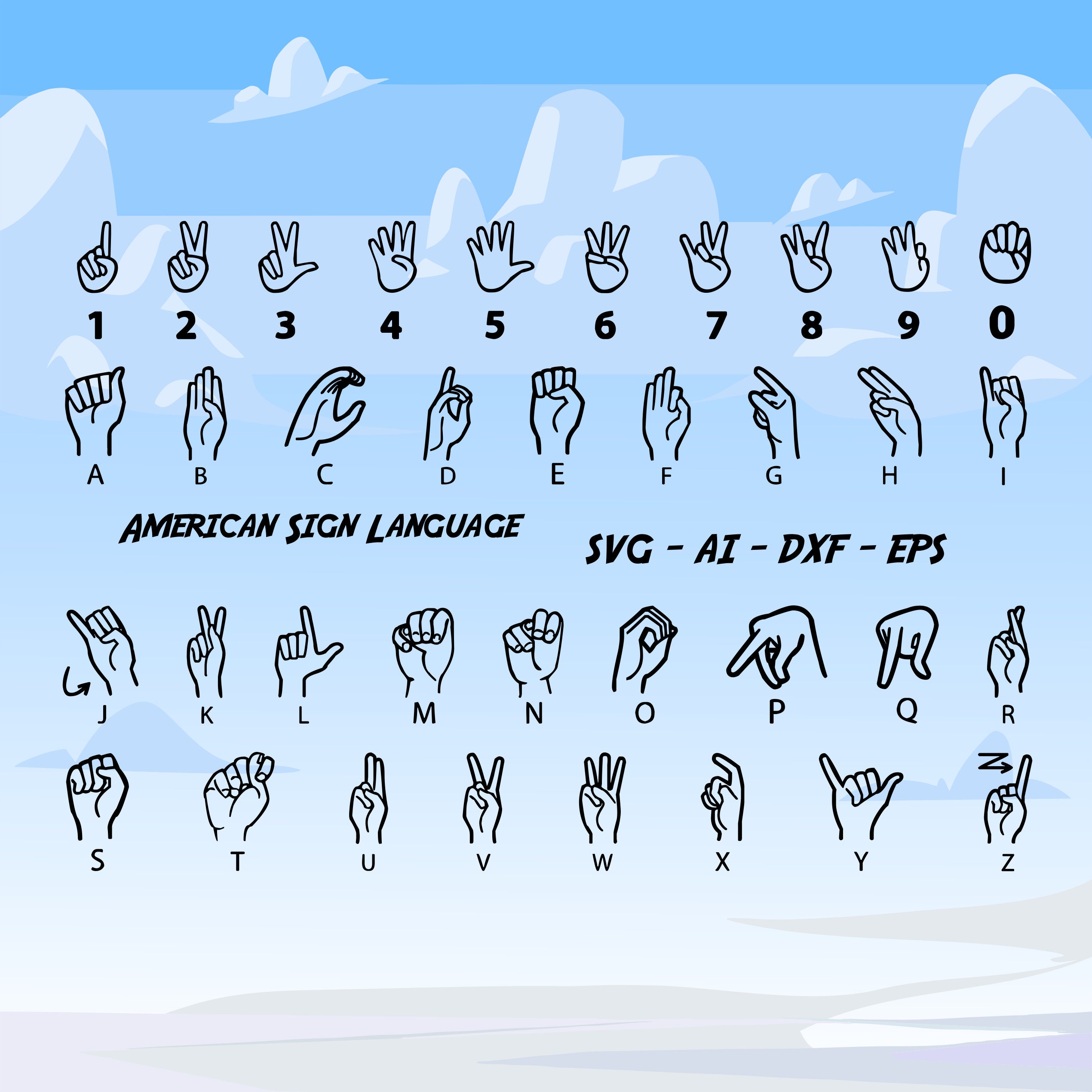 American Sign Language Hand Figures Vector Drawing, Numbers and Letters ...