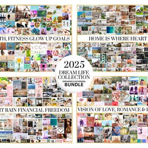 May include: A collage of images representing different aspects of life, including health, fitness, home, love, and financial freedom. The collage is titled "2025 Dream Life Collection: Dreaming & Scheming Bundle".