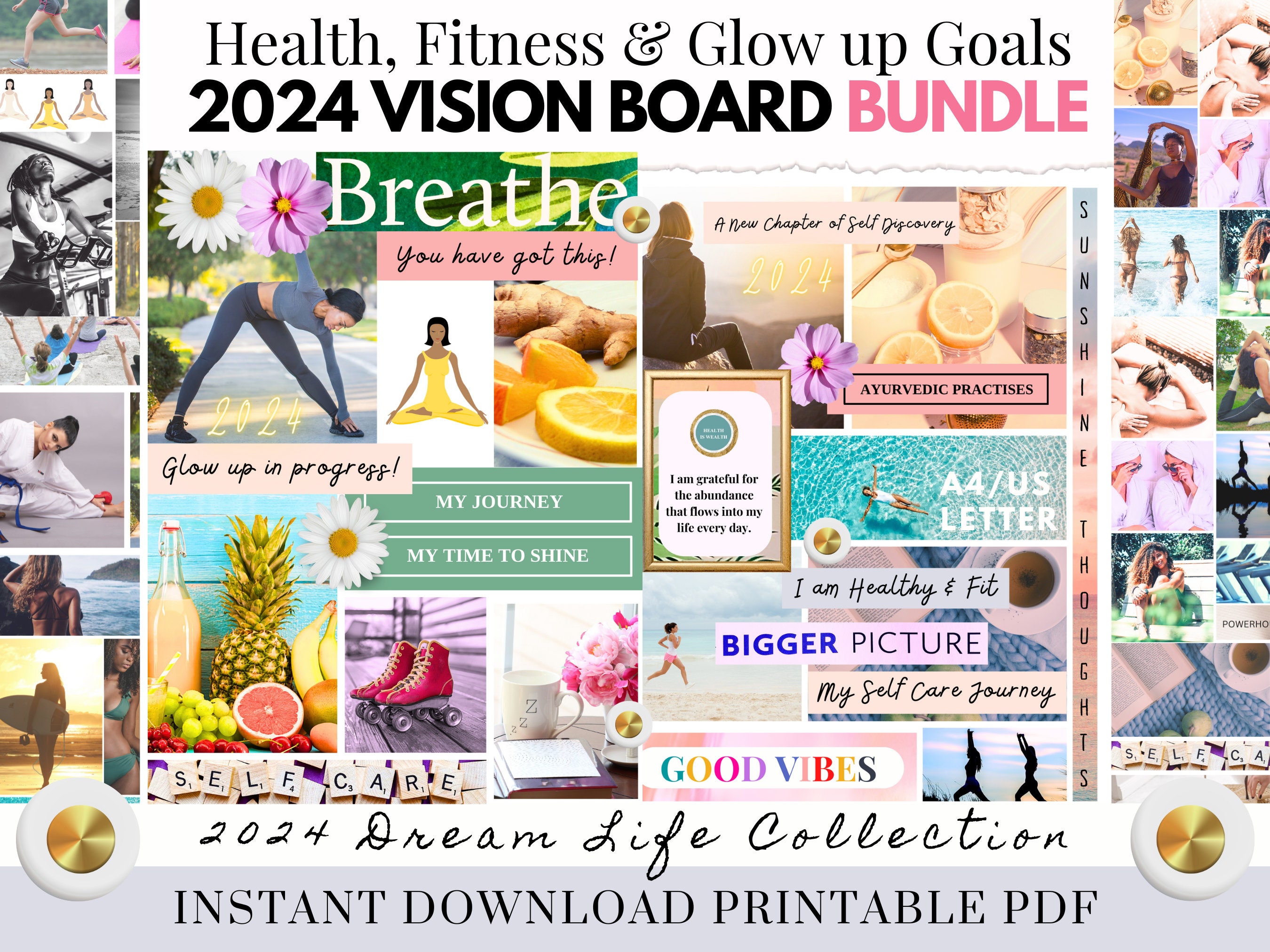 2024 Vision Board Kit Complete Ultimate Bundle Inspirational Dream Board  Motivational Mood Board Positive Goal Board Black & White Printable 