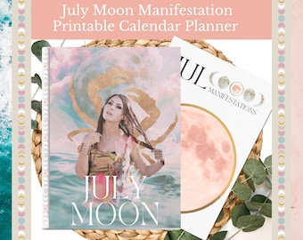 Diario de Manifestaciones de Luna Llena para julio. Calendario imprimible. Páginas para el Ritual de Manifestación de Luna Llena. Bloc de notas en PDF. Regalo gratis.