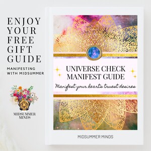 May include: A pink and gold digital download guide with the text "Universe Check Manifest Guide" and "Manifest your heart's truest desires". The guide is surrounded by a gold mandala design and a pink and purple galaxy background.