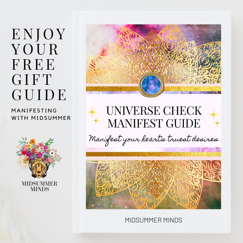 May include: A pink and gold digital download guide with the text "Universe Check Manifest Guide" and "Manifest your heart's truest desires". The guide is surrounded by a gold mandala design and a pink and purple galaxy background.