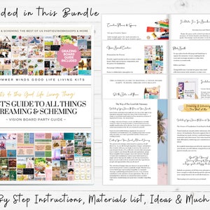 Op de afbeelding: Een kleurrijke digitale gids voor het organiseren van een vision board feest. De gids bevat een gids voor de gastheer voor alles wat met dromen en plannen te maken heeft, stapsgewijze instructies, een materiaallijst, idee&euml;n en nog veel meer. De gids bevat ook een gids voor een hapjesbord.