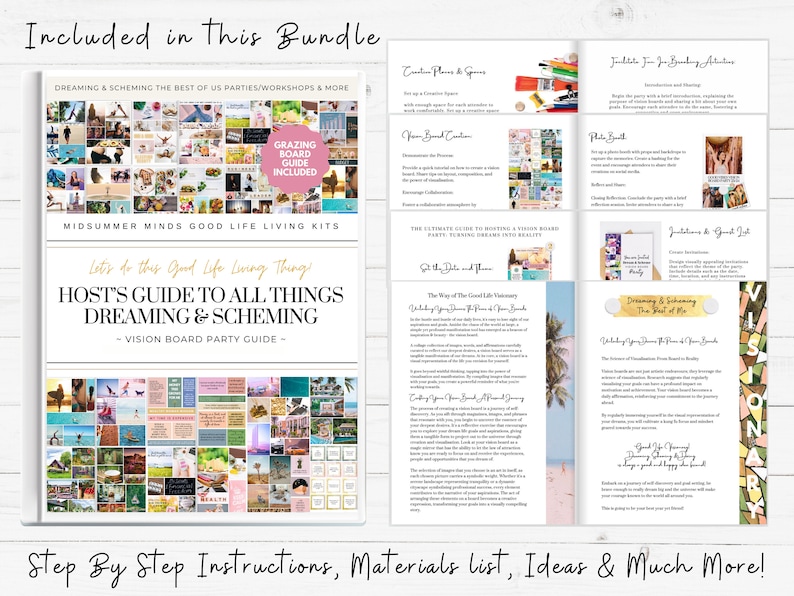 Op de afbeelding: Een kleurrijke digitale gids voor het organiseren van een vision board feest. De gids bevat een gids voor de gastheer voor alles wat met dromen en plannen te maken heeft, stapsgewijze instructies, een materiaallijst, idee&euml;n en nog veel meer. De gids bevat ook een gids voor een hapjesbord.