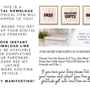 Op de afbeelding: Digitale downloadbare printables met de woorden "Free", "Gratitude Gifts" en "Inside" in een modern lettertype. De prints zijn in een lichtroze en gouden kleurenschema en hebben een rustieke, boerderij-esthetiek.