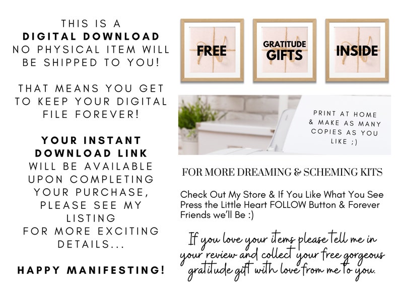 Op de afbeelding: Digitale downloadbare printables met de woorden "Free", "Gratitude Gifts" en "Inside" in een modern lettertype. De prints zijn in een lichtroze en gouden kleurenschema en hebben een rustieke, boerderij-esthetiek.