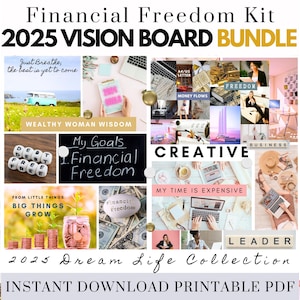 2025 Vision Board Bundle Manifest Money, Freedom & Happiness Printable PDF Mood Board for Women Inspiring Abundance Law Attraction Free Gift