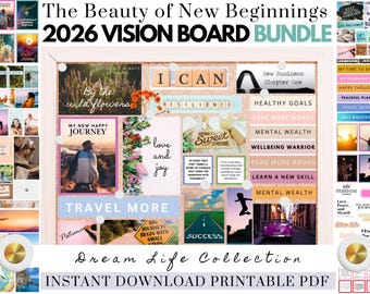 2026 New Beginnings Printable Vision Board Bundle Happiness PDF for Women Inspiring Abundance Law Attraction