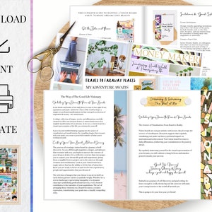 Op de afbeelding: Een collage van afbeeldingen voor vision boards met de tekst "Travel 10 Faraway Places, My Adventure Awaits" en "Dreaming & Scheming The Best of Me". De afbeeldingen omvatten tropische stranden, palmbomen en een ananas.