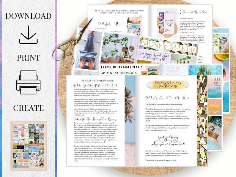 Op de afbeelding: Een collage van afbeeldingen voor vision boards met de tekst "Travel 10 Faraway Places, My Adventure Awaits" en "Dreaming & Scheming The Best of Me". De afbeeldingen omvatten tropische stranden, palmbomen en een ananas.