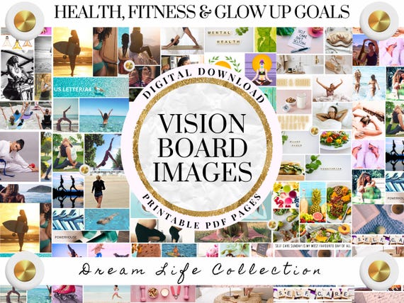 2026 Health Fitness Vision Board Goals Manifest Happiness Printable PDF Mood Board for Women Inspiring Abundance Law of Attraction Free Gift