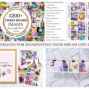 Op de afbeelding: Een collage van afbeeldingen voor vision boards, met een titel die luidt "1200+ Vision Board Afbeeldingen Droomleven Editie". De afbeeldingen zijn georganiseerd in categorie&euml;n zoals gezondheid en fitness, financi&euml;le vrijheid, dankbaarheid en carri&egrave;re/zakelijk. De afbeeldingen zijn kleurrijk en inspirerend, en ze zijn perfect om je te helpen je droomleven te visualiseren.