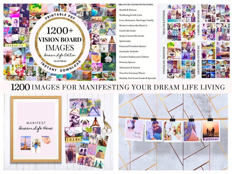 Op de afbeelding: Een collage van afbeeldingen voor vision boards, met een titel die luidt "1200+ Vision Board Afbeeldingen Droomleven Editie". De afbeeldingen zijn georganiseerd in categorie&euml;n zoals gezondheid en fitness, financi&euml;le vrijheid, dankbaarheid en carri&egrave;re/zakelijk. De afbeeldingen zijn kleurrijk en inspirerend, en ze zijn perfect om je te helpen je droomleven te visualiseren.