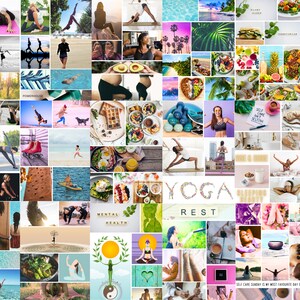 Puede incluir: Un collage de im&aacute;genes que representan un estilo de vida saludable, incluyendo yoga, meditaci&oacute;n, comida saludable y relajaci&oacute;n. El collage presenta im&aacute;genes de personas practicando yoga, comiendo comidas saludables y disfrutando de la naturaleza. El texto "YOGA REST" se muestra de forma prominente en el centro del collage.
