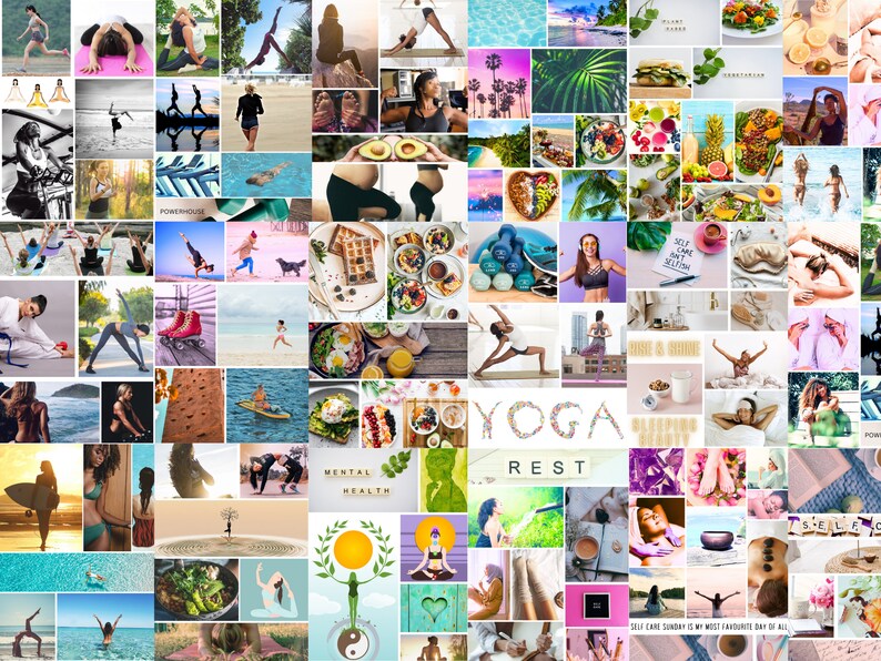 Puede incluir: Un collage de im&aacute;genes que representan un estilo de vida saludable, incluyendo yoga, meditaci&oacute;n, comida saludable y relajaci&oacute;n. El collage presenta im&aacute;genes de personas practicando yoga, comiendo comidas saludables y disfrutando de la naturaleza. El texto "YOGA REST" se muestra de forma prominente en el centro del collage.
