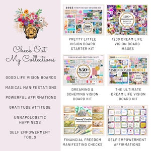 May include: A collage of digital images showcasing different vision board kits. The kits include a variety of images, quotes, and affirmations. The kits are designed to help people achieve their goals and dreams.